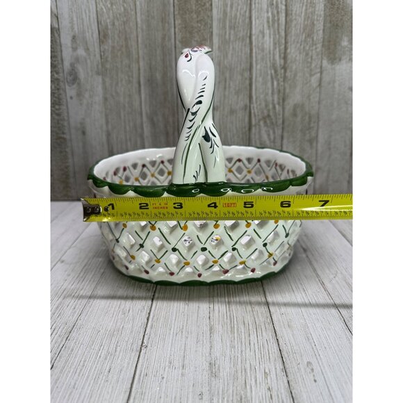 Vtg Holu Painted Lattice Basket Oval Ceramic with Braid Handle Portugal 7" Tall - Picture 8 of 10